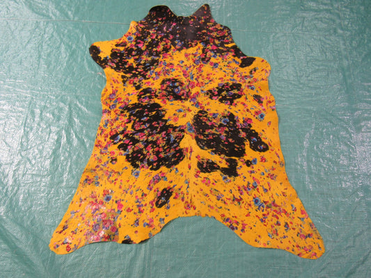 Dyed Yellow Calf Skin with Floral Acid Washed Size: 34x29" K-215a