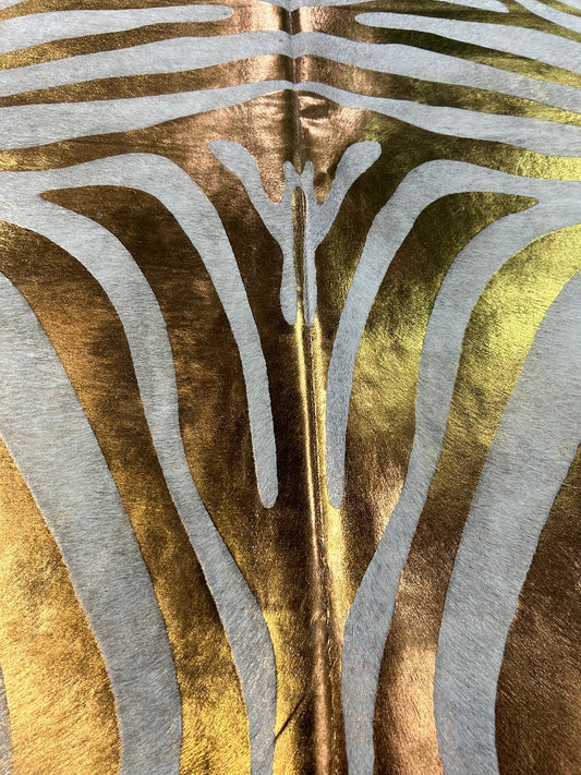Bronze Metallic Zebra Print Cowhide Rug Size: 7.5x7 feet C-1896