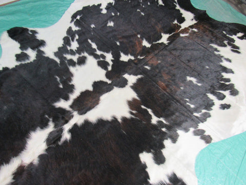 Huge Tricolor Cowhide Rug (darker tones) Size: 8 1/4x6 3/4 feet K-220a