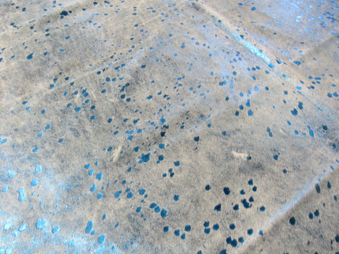 Blue Metallic Cowhide Rug (a few small patches and some fire brands) Size: 7.7x7.5 feet K-226a