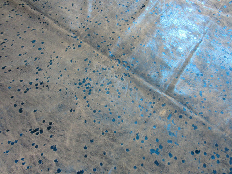 Blue Metallic Cowhide Rug (a few small patches and some fire brands) Size: 7.7x7.5 feet K-226a