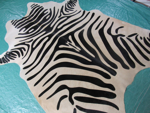 Black Stripe Zebra Cowhide Rug (light beige background/2 patches) Size: 6.2x5.2 feet M-1166