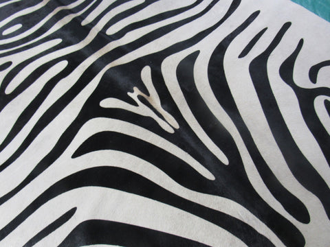 Black Stripe Zebra Cowhide Rug (very light beige background/2 patches) Size: 6x6 feet M-1169