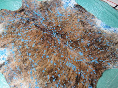 Dark Brindle Cowhide Rug with Turquoise Acid Washed Size: 6.5x6.2 feet K-235A