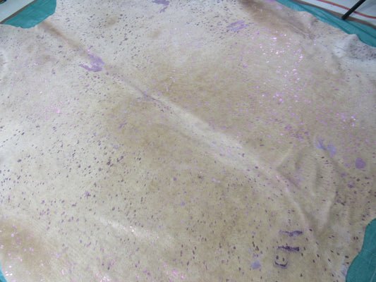 Beige Cowhide Rug with Pink Metallic Acid Washed Size: 8x7 feet B-295