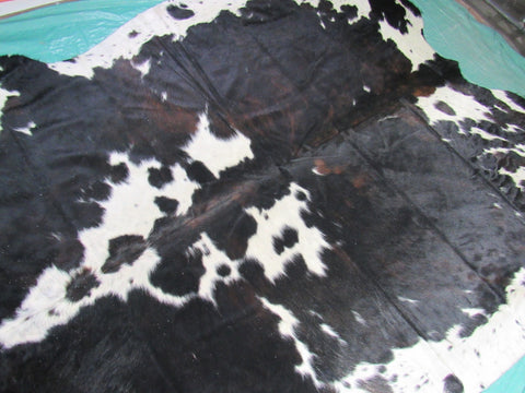 Big Tricolor Cowhide Rug (mainly dark tones) Size: 8x7 feet M-1209