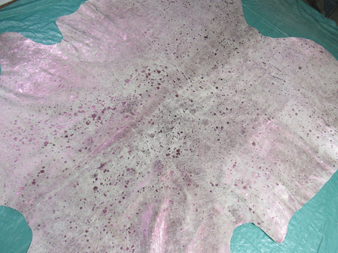 Pink Metallic Cowhide Rug (3 fire brands) Size: 7x6.5 feet C-1654