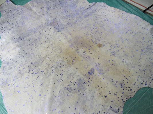 Huge Cowhide Rug with Purple Metallic Acid Washed (fire brands/ beige spots) Size: 9x7 feet C-1659
