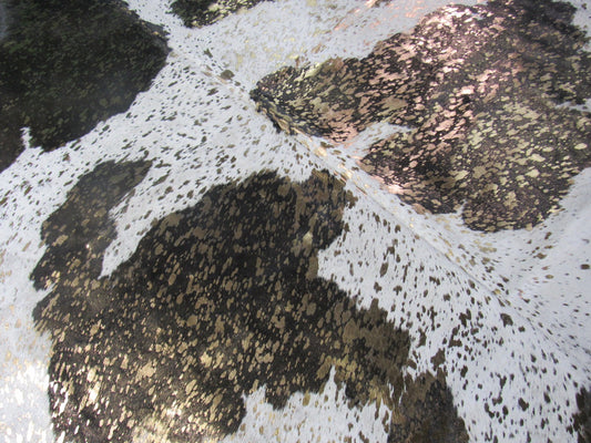 Black and White Spotted Cowhide Rug with Gold Metallic Acid Washed Spots - Size: 7.5x6.5 feet K-253