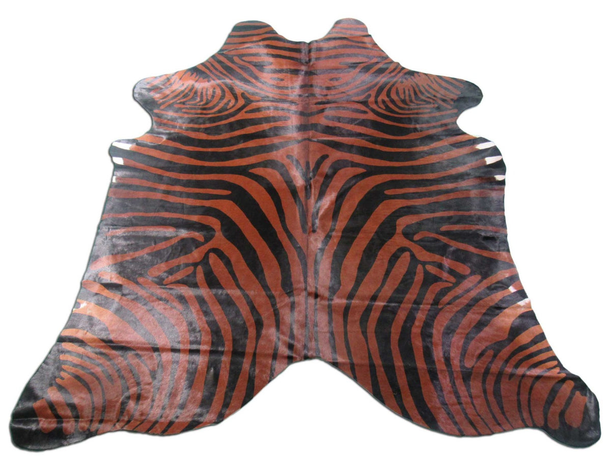 Zebra Cowhide Rug (Black Stripes, Brown Background, a bit of white on belly) Size: 7 1/2x6  1/4 feet K-151a