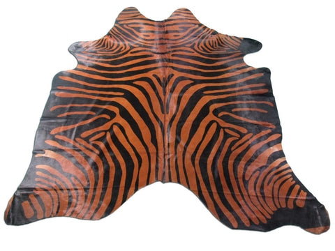 Zebra Cowhide Rug (Black Stripes, Brown Background) Size: 7x7 feet K-152a