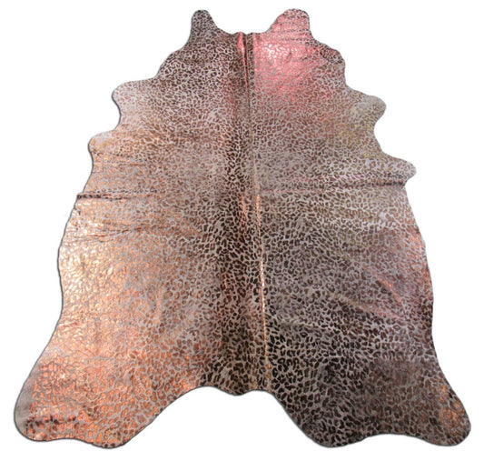 Bronze Metallic Leopard Print Cowhide Rug (fire brand/ small repair in the brand) Size: 7.2x5 feet K-157a