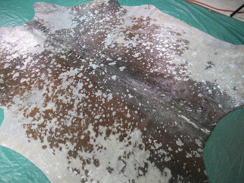 Brown and White Cowhide Rug with Silver Acid Washed Spots - Size: 6 1/4' X 6' K-162