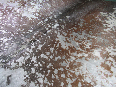 Brown and White Cowhide Rug with Silver Acid Washed Spots - Size: 6 1/4' X 6' K-162