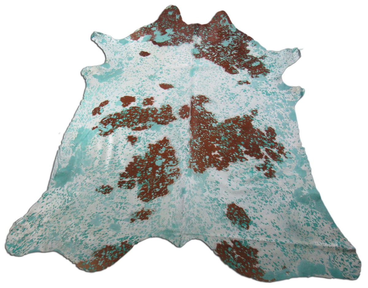 Aqua Blue Cowhide Rug Size: 8' X 7' Brown/Blue Acid Washed Cowhide Rug K-174