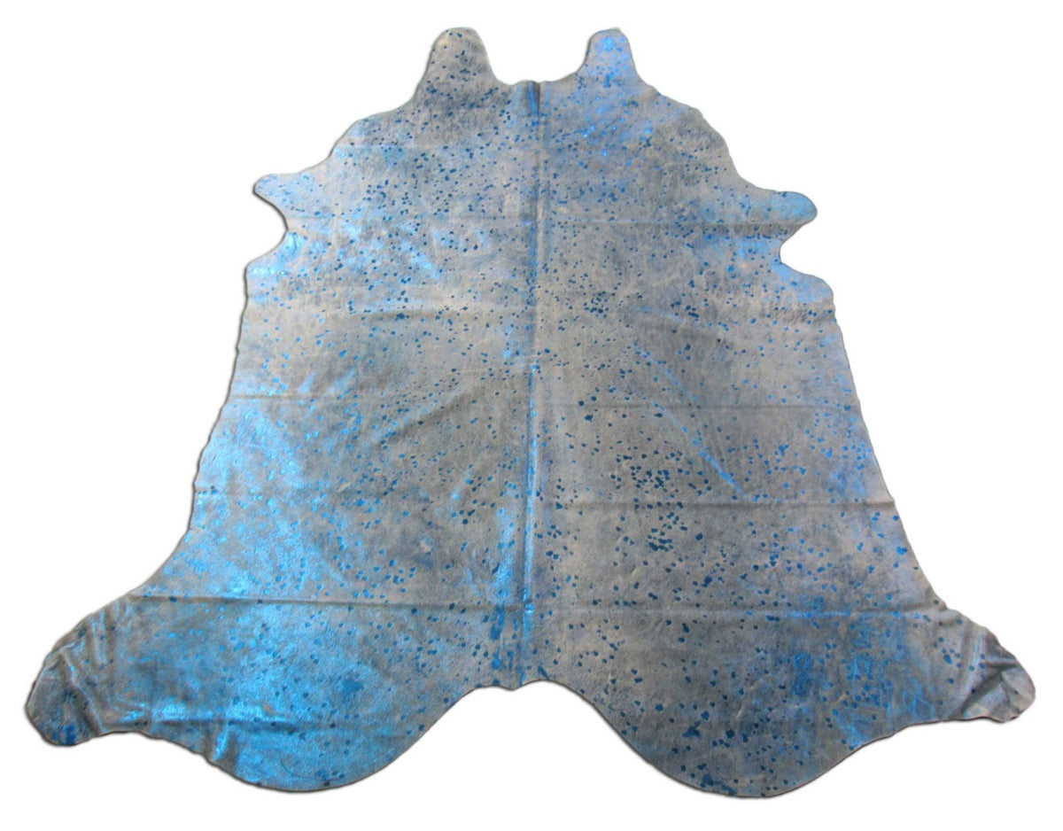 Blue Metallic Cowhide Rug (a few small patches and some fire brands) Size: 7.7x7.5 feet K-226a