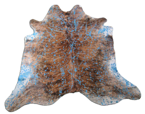 Dark Brindle Cowhide Rug with Turquoise Acid Washed Size: 6.5x6.2 feet K-235A