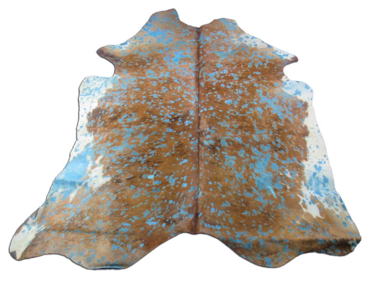 White Belly Brown Brindle with Turquoise Acid Wash Devore Cowhide Rug - Size: 7x6.5 feet K-257