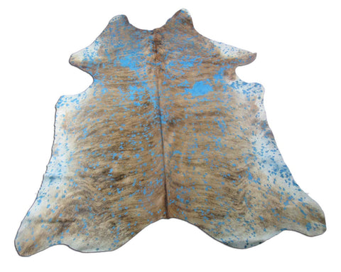 White Belly Brown Brindle with Turquoise Acid Wash Devore Cowhide Rug - Size: 7.5x6.7 feet K-259