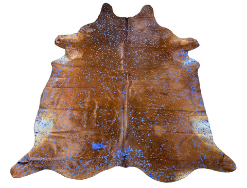 Brown Cowhide Rug with Blue Acid Wash - Size: 8x7 feet K-269