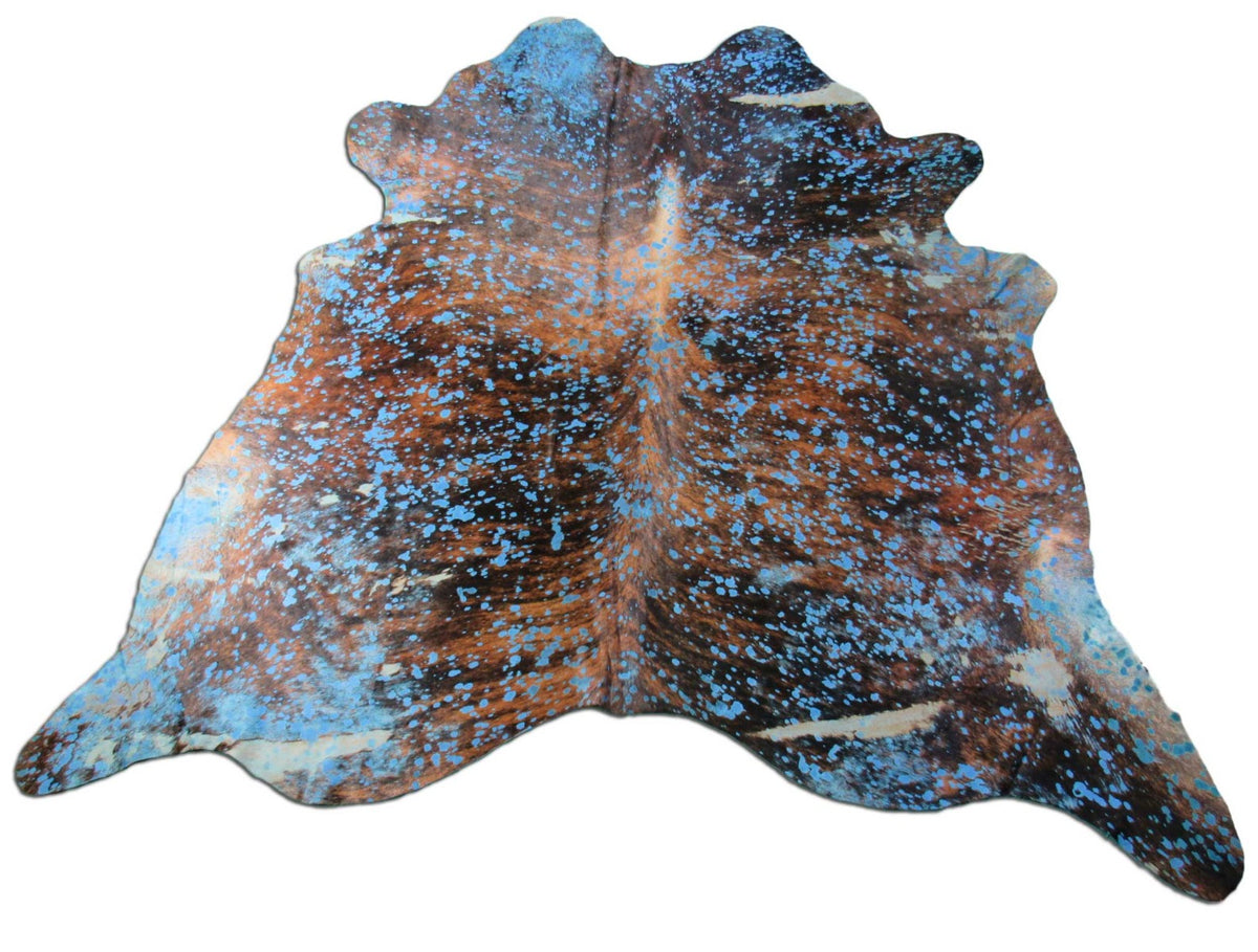 Brindle Cowhide Rug with Turquoise Acid Washed Size: 7 3/4x7 3/4 feet M-1026