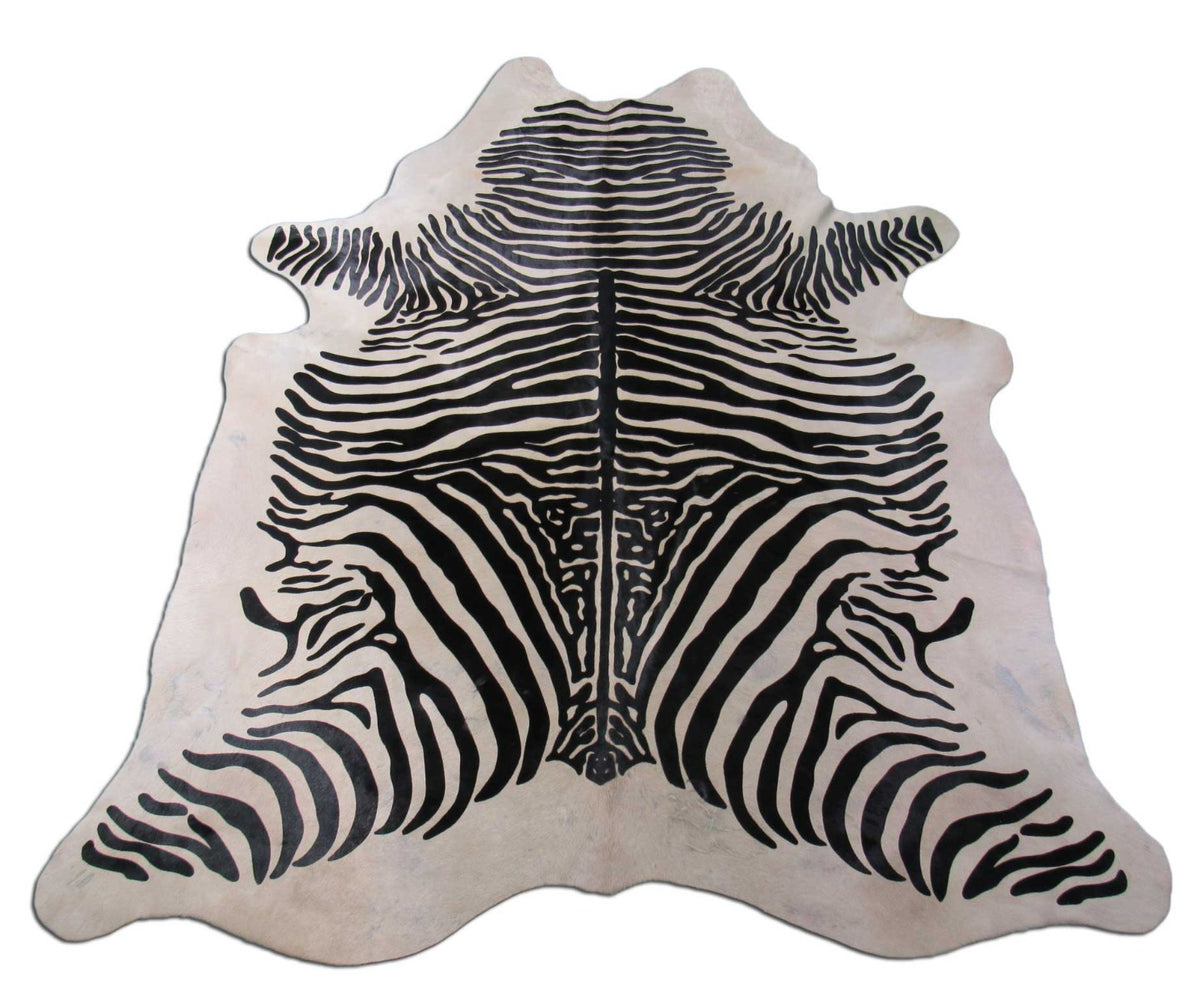 Zebra Cowhide Rug Beige Background (rugged with a few scars) Size: 7x6 feet M-1036