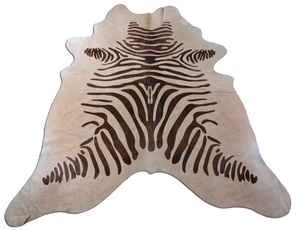 Beige Zebra Cowhide Rug (brown stripes/ perfect quality but big stitch) Size: 7.5x6.5 feet M-1039