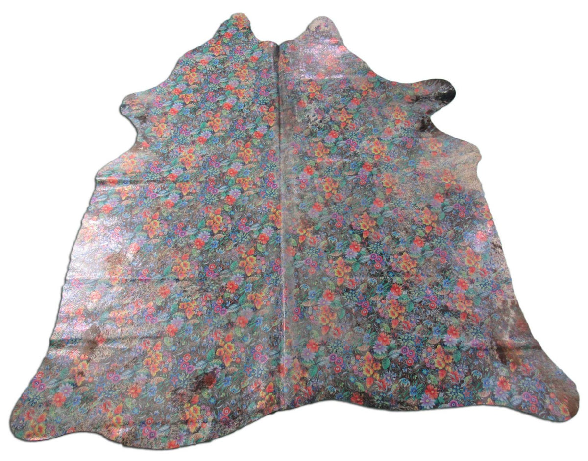 Floral Pattern Cowhide Rug (this hide has little to no hair) Size: 6 3/4x6 1/4 feet M-1051