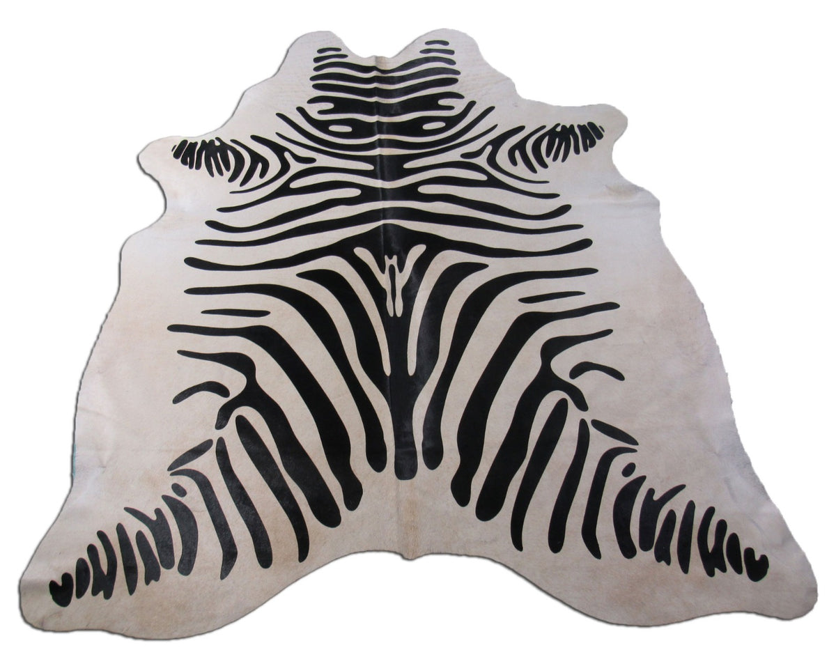 Zebra Print Cowhide Rug (light beige background, 1 stitch, neck has dots) Size: 6x6 feet M-1085