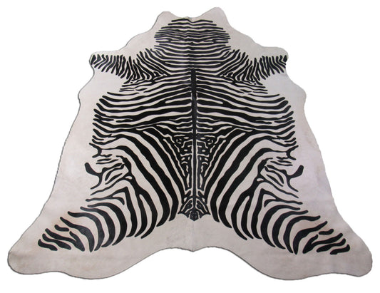 Beautiful Zebra Print Cowhide Rug (hard to see stitch in neck) Size: 7x6 feet M-1088