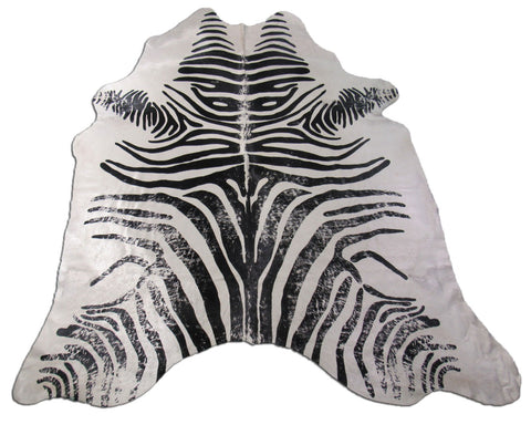 Distressed Zebra Print Cowhide Rug (nice white background) Size: 7.5x6.5 feet M-1098