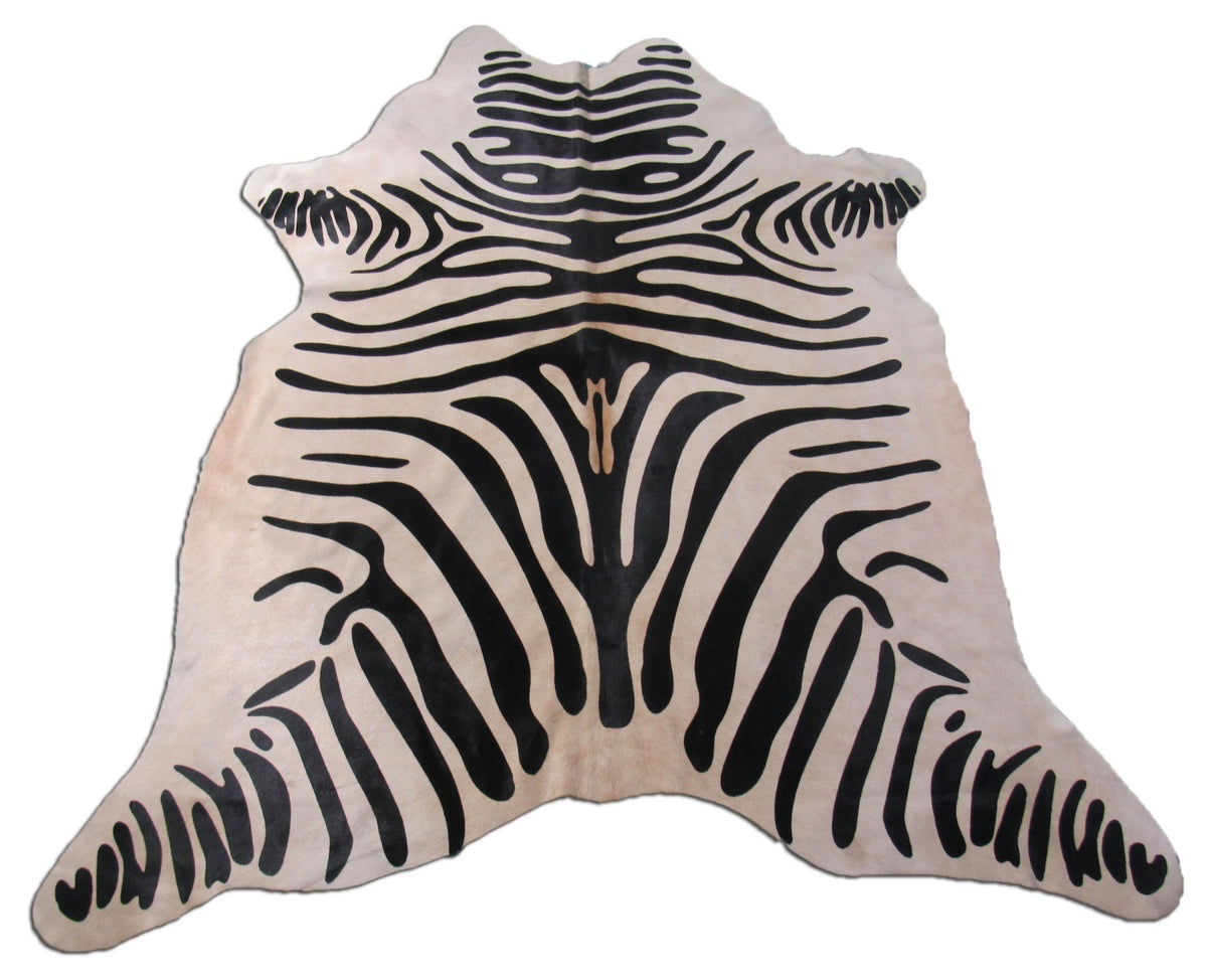 Zebra Print Cowhide Rug with Light Beige Background Size: 6x5 1/4 feet M-1113