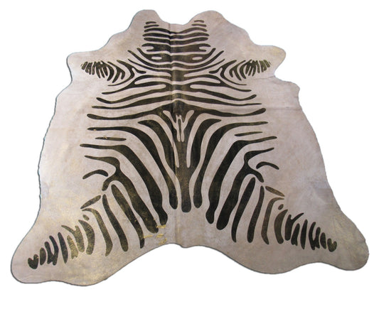 Zebra Cowhide Rug with Gold Metallic (not acid washed, just metallic glitter) - Size: 6.5x6 feet M-1298