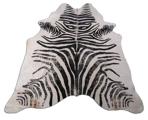 Vintage Zebra Cowhide Rug (background is very beige + 2 patches + 1 stitch) Size: 7x6 feet M-1443