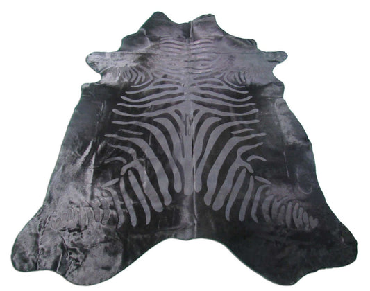 Black Dyed Cowhide Rug with Acid Washed Zebra Stripes - Size: 7.5x6.5 feet M-1458