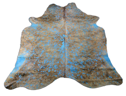 Brown Brindle with Turquoise Acid Wash Devore Cowhide Rug - Size: 8x7 feet M-1504