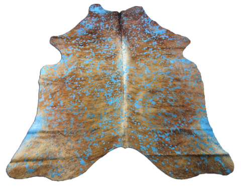 Exotic Brindle Cowhide Rug with Turquoise Acid Wash Size: 7x6 feet M-1505