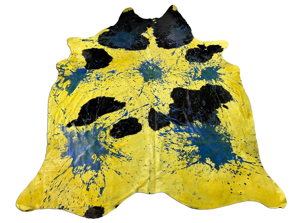 Huge Dyed Yellow Cowhide Rug with Abstract Blue Acid Washed Lines - Size: 9x7 feet M-1579