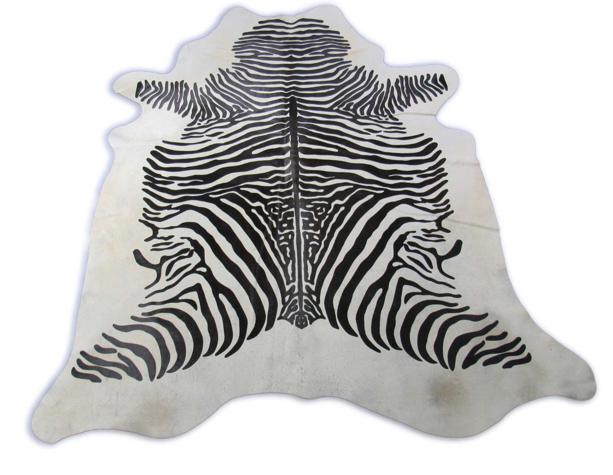 Zebra Print Cowhide Rug (neck has some yellow lines) Size: 7x6.2 feet M-1598