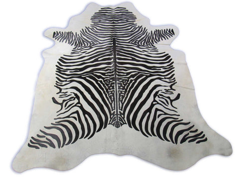 Zebra Print Cowhide Rug (neck has some yellow lines) Size: 7x6.2 feet M-1598