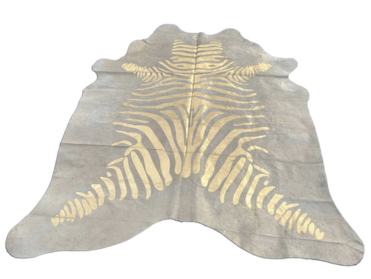 Giant Cowhide Rug with Gold Metallic Zebra Stripes Size: 8x7.2 feet O-1115