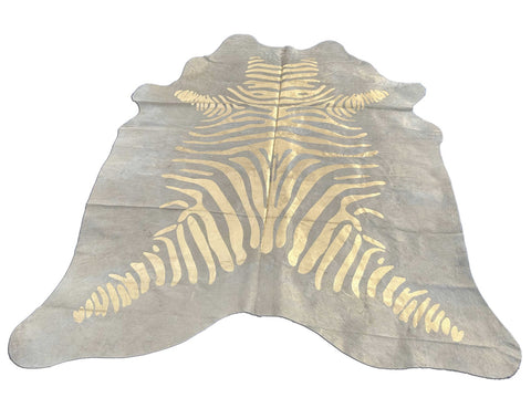 Giant Cowhide Rug with Gold Metallic Zebra Stripes Size: 8x7.2 feet O-1115