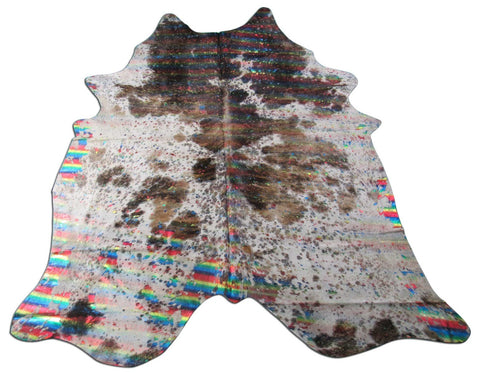 Brindle Tricolor Cowhide Rug with Rainbow Metallic Acid Washed Size: 7.7x7 feet O-1116