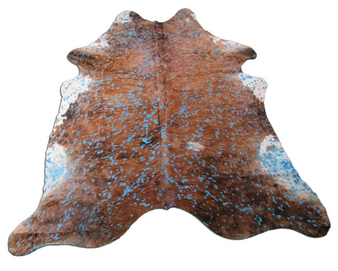 Brown Brindle with Turquoise Acid Wash Devore Cowhide Rug - Size: 7.2x7 feet O-1122