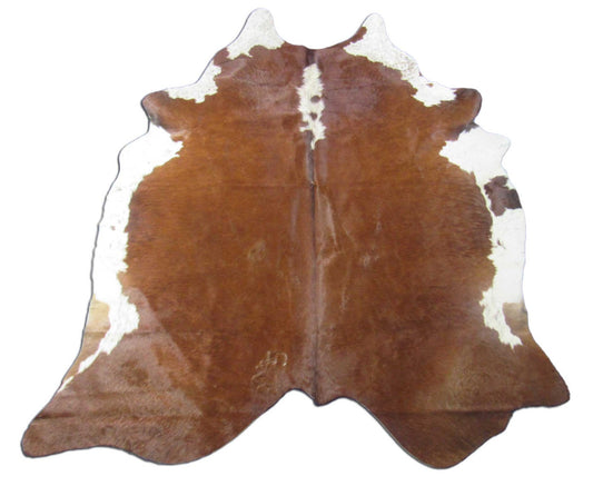 Hereford Cowhide Rug (fire brand/neck has some tick bites) Size: 7.2x6 feet O-1149