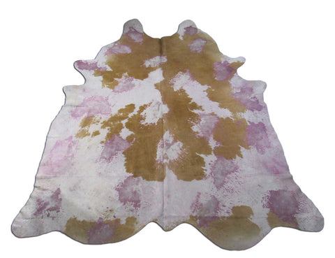 Huge Brown & White Pink Acid Washed Cowhide Rug - Size: 8.2x7.5 feet O-1169