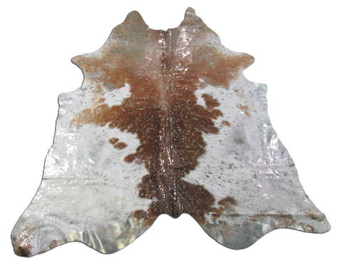 Brown & White with Silver Metallic Acid Washed Cowhide Rug - Size: 7.5x6.2 feet O-1172