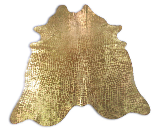 Gold Metallic Crocodile Pattern Cowhide Rug Size: 7.7x6 feet O-294