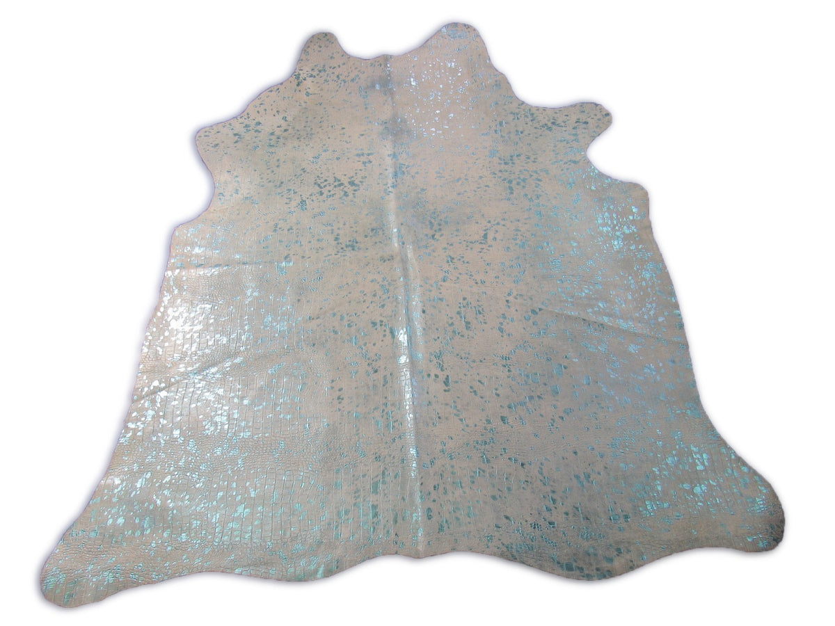 White Cowhide Rug with Crocodile Embossing and Turquoise Metallic Acid Washed - Size: 7.7x6.7 feet O-295