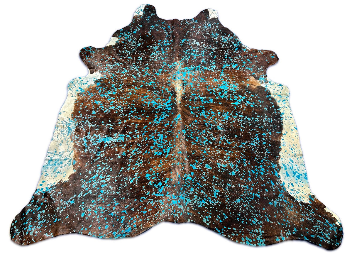 Dark Brindle Cowhide Rug with White Belly Turquoise Acid Washed Size: 8x7.2 feet O-321